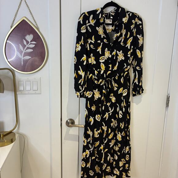 NWT Mango Black Floral Belted Shirt Midi Dress Small - Picture 4 of 14